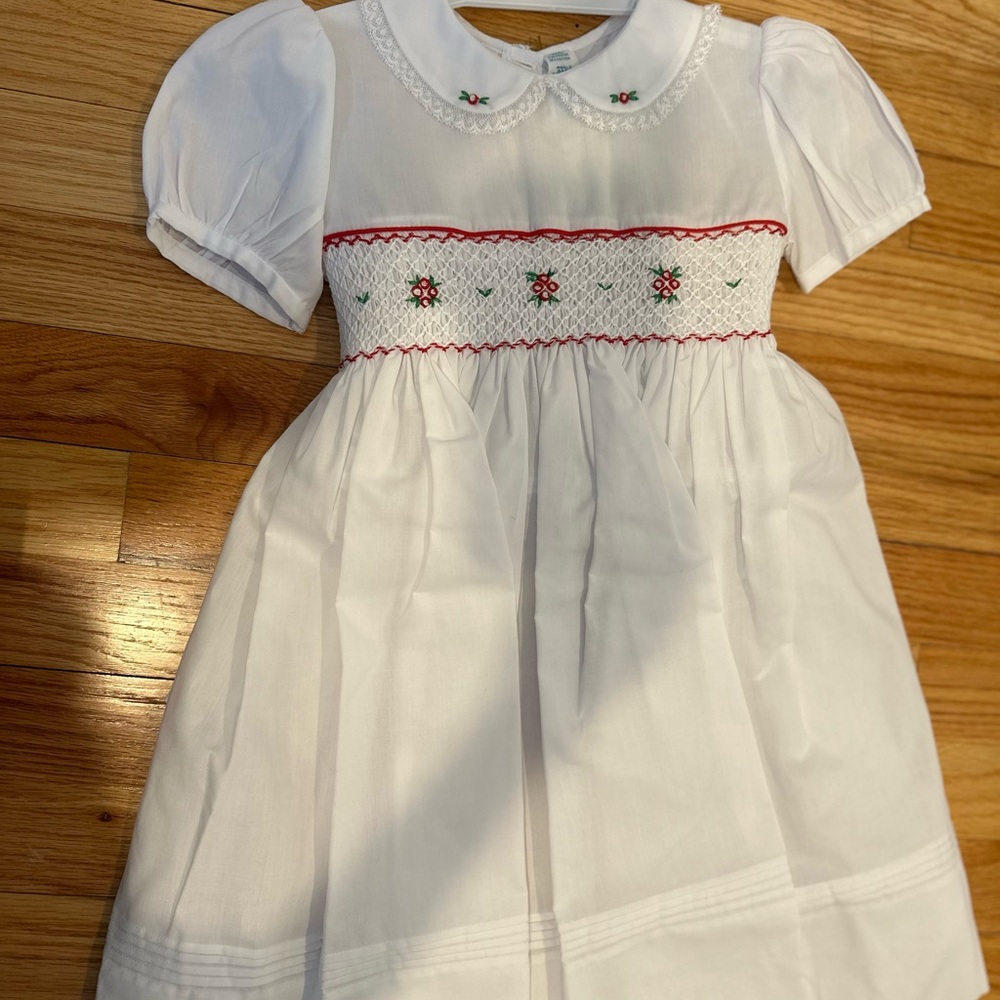 White Puff Sleeve smocked embroidered dress with Peter Pan Collar poinsettia